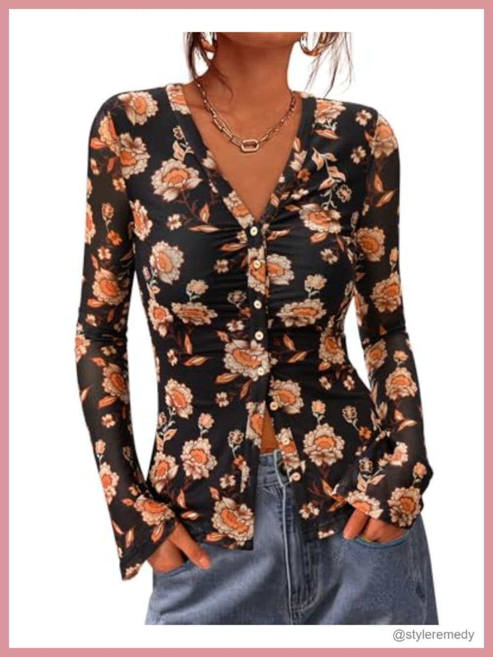 BTFBM Button Down Shirt Mesh Floral Boho Top Long Sleeve V-Neck Blouse